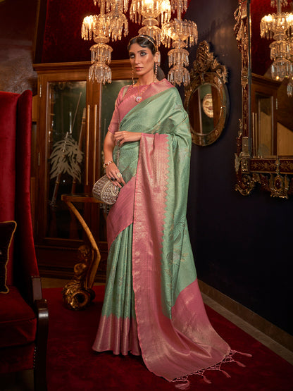 Rajwada Women Festive Green Silk Blend Woven Saree With Unstitched Blouse