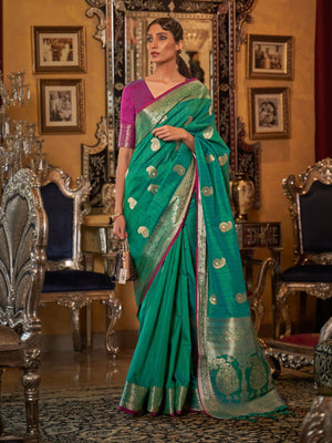 Rajwada Green Woven Silk Blend Saree With Unstitched Blouse For Women