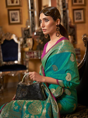 Rajwada Green Woven Silk Blend Saree With Unstitched Blouse For Women