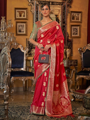 Rajwada Red Woven Silk Blend Saree With Unstitched Blouse For Women