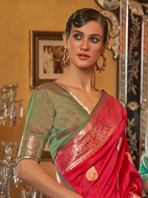 Rajwada Red Woven Silk Blend Saree With Unstitched Blouse For Women
