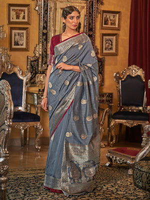 Rajwada Grey Woven Silk Blend Saree With Unstitched Blouse For Women