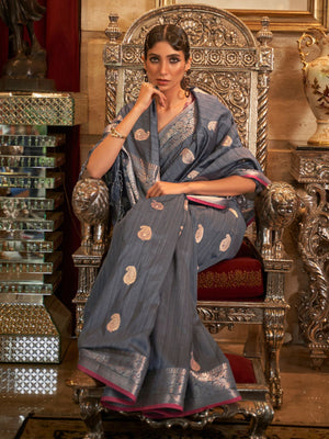 Rajwada Grey Woven Silk Blend Saree With Unstitched Blouse For Women