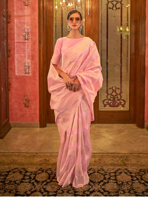 Rajwada Pink Woven Design Silk Blend Saree With Unstitched Blouse For Women