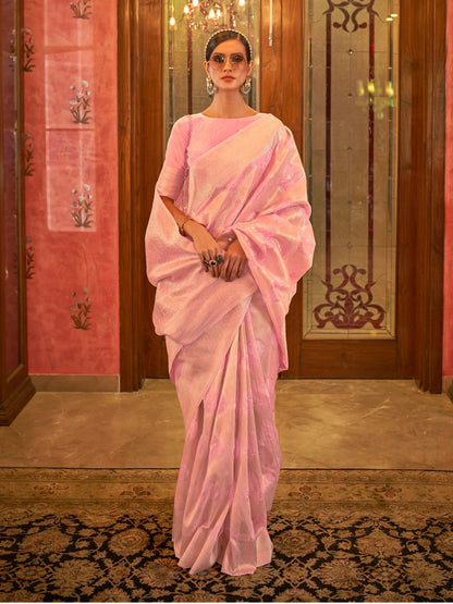 Rajwada Pink Woven Design Silk Blend Saree With Unstitched Blouse For Women