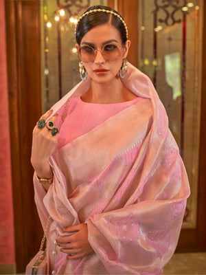 Rajwada Pink Woven Design Silk Blend Saree With Unstitched Blouse For Women