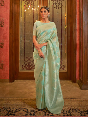 Rajwada Sea Green Woven Design Silk Blend Saree With Unstitched Blouse For Women