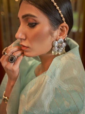 Rajwada Sea Green Woven Design Silk Blend Saree With Unstitched Blouse For Women