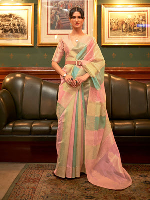 Rajwada Multicolor Woven Organza Saree With Unstitched Blouse For Women
