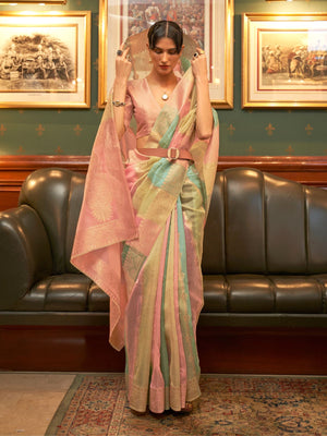 Rajwada Multicolor Woven Organza Saree With Unstitched Blouse For Women