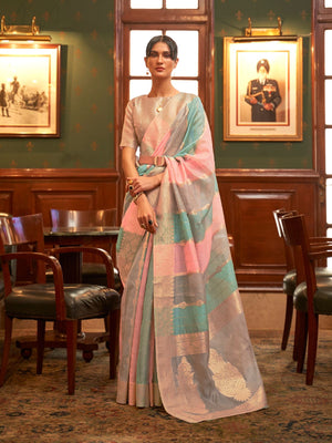 Rajwada Multicolor Woven Organza Saree With Unstitched Blouse For Women