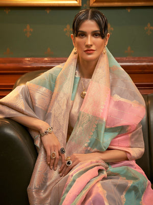 Rajwada Multicolor Woven Organza Saree With Unstitched Blouse For Women