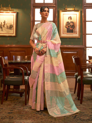 Rajwada Multicolor Woven Organza Saree With Unstitched Blouse For Women