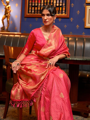 Rajwada Peach Woven Design Silk Blend Saree With Unstitched Blouse For Women