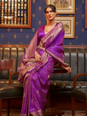 Rajwada Purple Woven Design Silk Blend Saree With Unstitched Blouse For Women