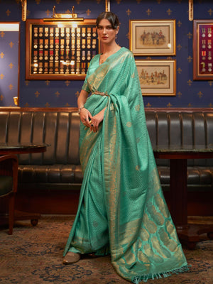 Rajwada Sea Green Woven Design Silk Blend Saree With Unstitched Blouse For Women