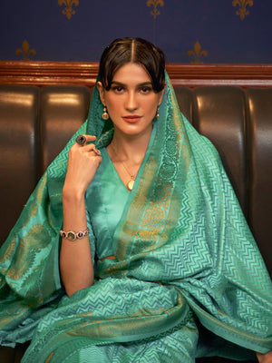 Rajwada Sea Green Woven Design Silk Blend Saree With Unstitched Blouse For Women