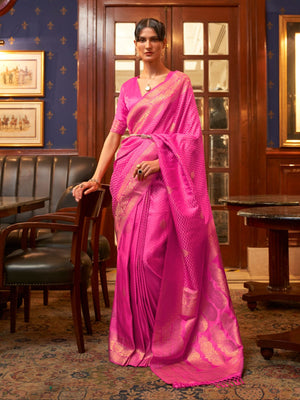 Rajwada Pink Woven Design Silk Blend Saree With Unstitched Blouse For Women