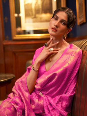 Rajwada Pink Woven Design Silk Blend Saree With Unstitched Blouse For Women