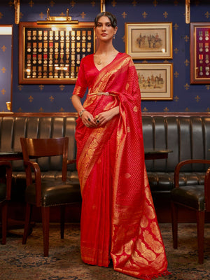 Rajwada Red Woven Design Silk Blend Saree With Unstitched Blouse For Women