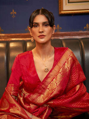 Rajwada Red Woven Design Silk Blend Saree With Unstitched Blouse For Women