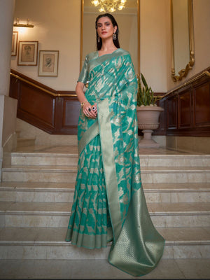 Rajwada Teal Woven Design Silk Blend Saree With Unstitched Blouse For Women