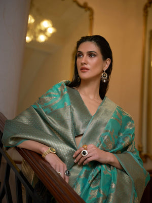 Rajwada Teal Woven Design Silk Blend Saree With Unstitched Blouse For Women