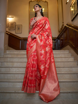 Rajwada Red Woven Design Silk Blend Saree With Unstitched Blouse For Women