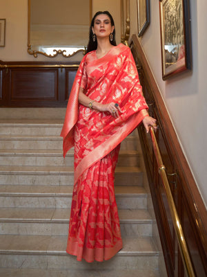 Rajwada Red Woven Design Silk Blend Saree With Unstitched Blouse For Women