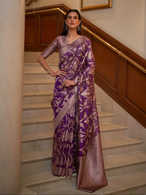 Rajwada Purple Woven Design Silk Blend Saree With Unstitched Blouse For Women