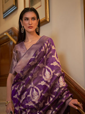 Rajwada Purple Woven Design Silk Blend Saree With Unstitched Blouse For Women