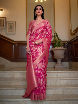 Rajwada Pink Woven Design Silk Blend Saree With Unstitched Blouse For Women
