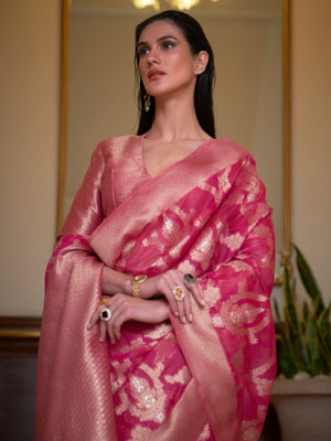 Rajwada Pink Woven Design Silk Blend Saree With Unstitched Blouse For Women