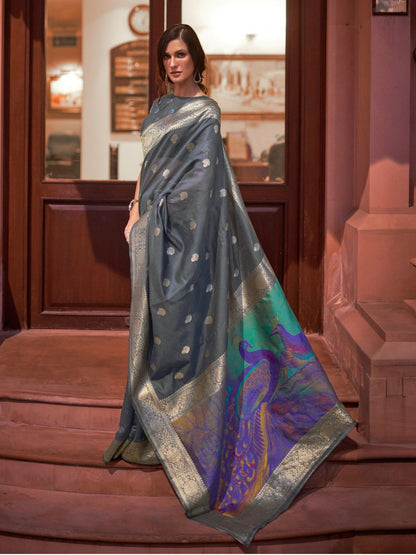 Rajwada Grey Woven Design Silk Blend Saree With Unstitched Blouse For Women