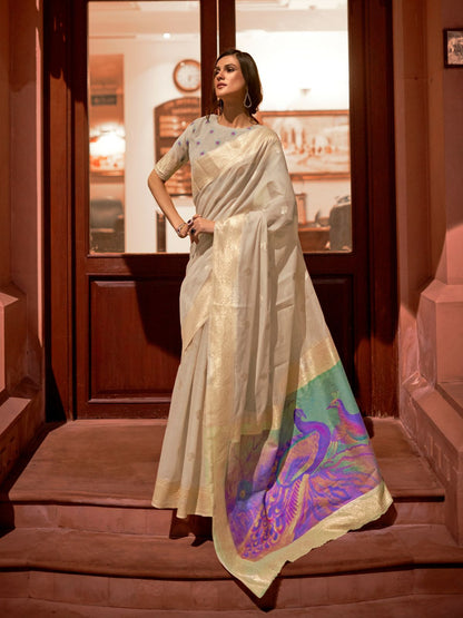 Rajwada Beige Woven Design Silk Blend Saree With Unstitched Blouse For Women