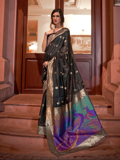Rajwada Black Woven Design Silk Blend Saree With Unstitched Blouse For Women