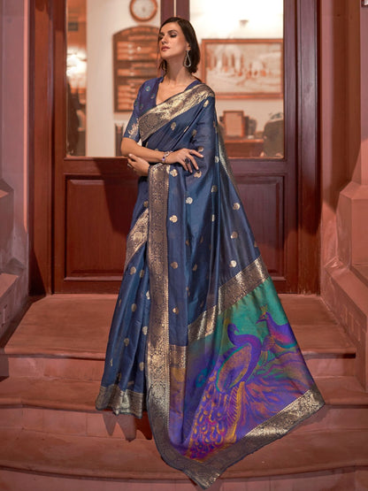 Rajwada Navy Blue Woven Design Silk Blend Saree With Unstitched Blouse For Women