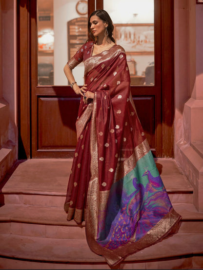 Rajwada Maroon Woven Design Silk Blend Saree With Unstitched Blouse For Women