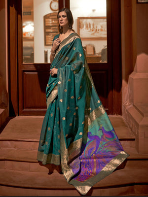 Rajwada Teal Woven Design Silk Blend Saree With Unstitched Blouse For Women