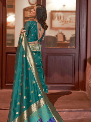 Rajwada Teal Woven Design Silk Blend Saree With Unstitched Blouse For Women