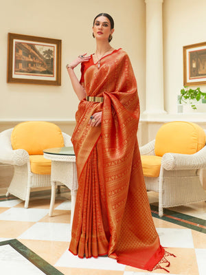 Rajwada Orange Woven Design Silk Blend Saree With Unstitched Blouse For Women