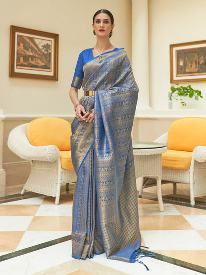 Rajwada Blue Woven Design Silk Blend Saree With Unstitched Blouse For Women