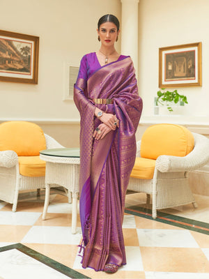 Rajwada Purple Woven Design Silk Blend Saree With Unstitched Blouse For Women