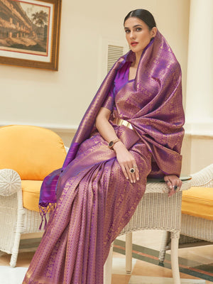 Rajwada Purple Woven Design Silk Blend Saree With Unstitched Blouse For Women