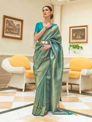 Rajwada Teal Woven Design Silk Blend Saree With Unstitched Blouse For Women