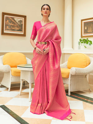 Rajwada Pink Woven Design Silk Blend Saree With Unstitched Blouse For Women