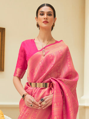 Rajwada Pink Woven Design Silk Blend Saree With Unstitched Blouse For Women