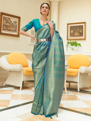 Rajwada Teal Woven Design Silk Blend Saree With Unstitched Blouse For Women
