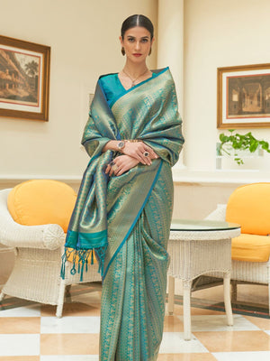 Rajwada Teal Woven Design Silk Blend Saree With Unstitched Blouse For Women