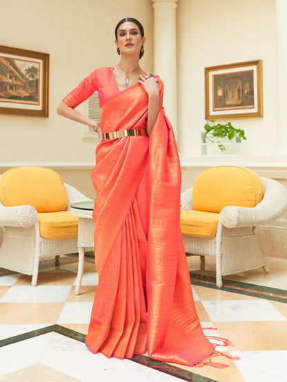 Rajwada Orange Woven Design Silk Blend Saree With Unstitched Blouse For Women